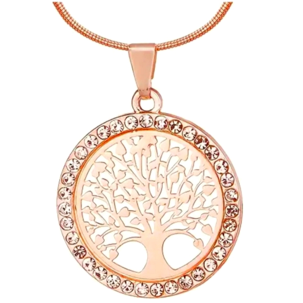 Tree Of Life 🏵 Necklace Round Hollow Rhinestone 💐 Pendant Set ⚘️Rose Gold 🌠